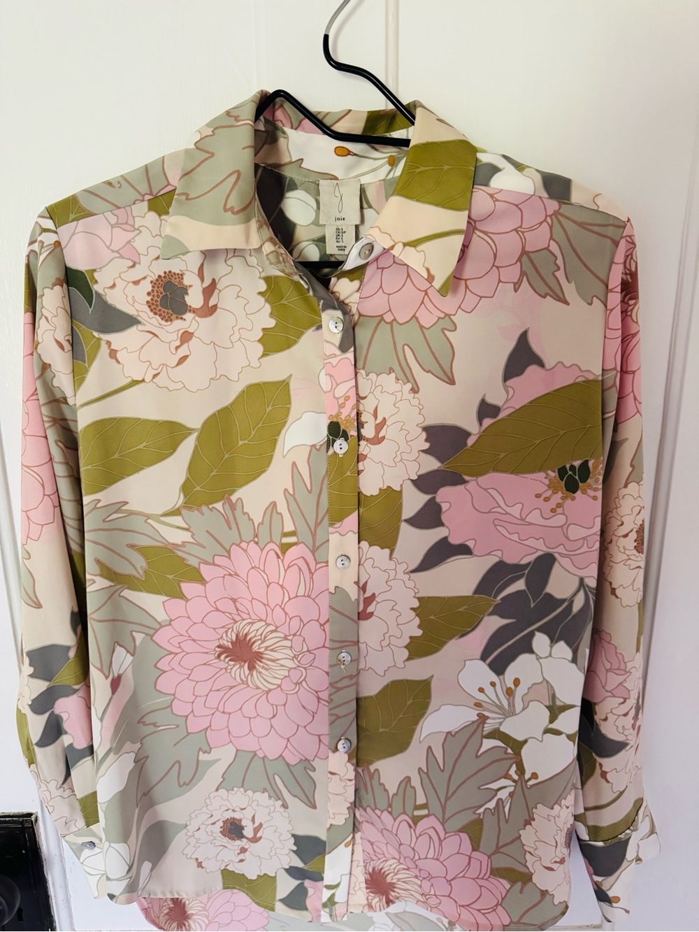 Joie Floral Button-Down Shirt in Pink, Olive and Cream